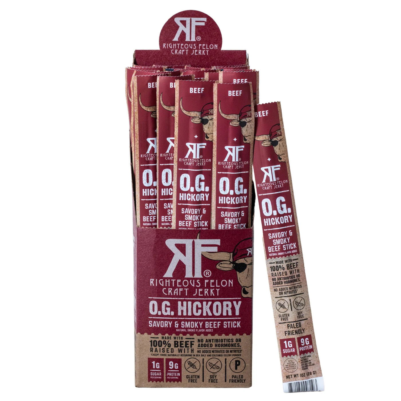 Righteous Felon OG Hickory Beef Stick - Caja de 1/24/1 oz