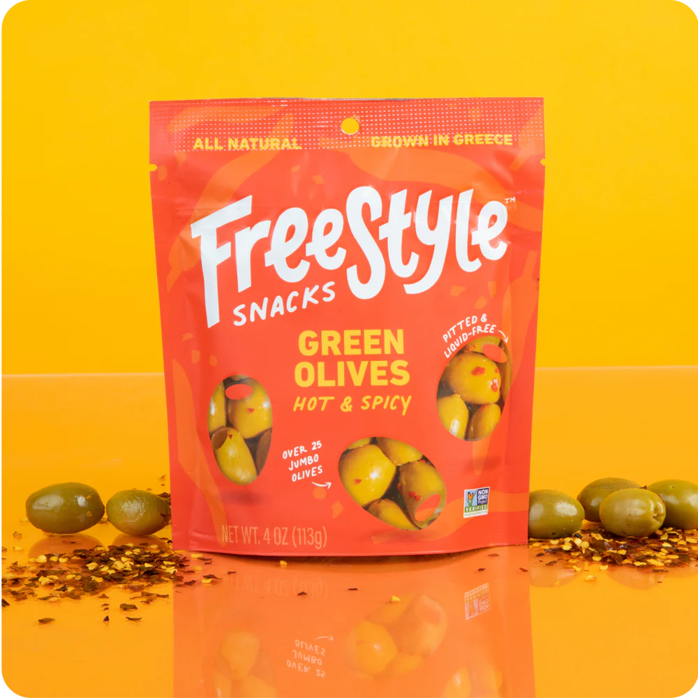 Freestyle Snacks Green Olives Hot & Spicy - 6 / 4 oz pouch